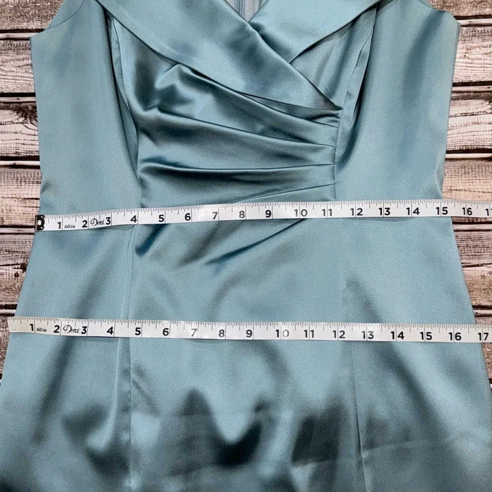 Silk Misty Blue Portrait Collar Ruched Sleeveless Tea Length Dress 10 - Picture 13 of 14